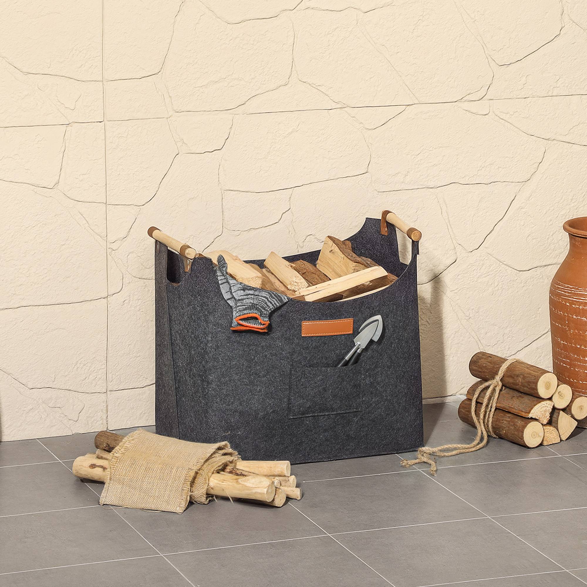 Porte-bûches en feutre pour usage intérieur avec poignées en bois, capacité de 15 kg, 45 x 32 x 40 cm, gris - Image 9