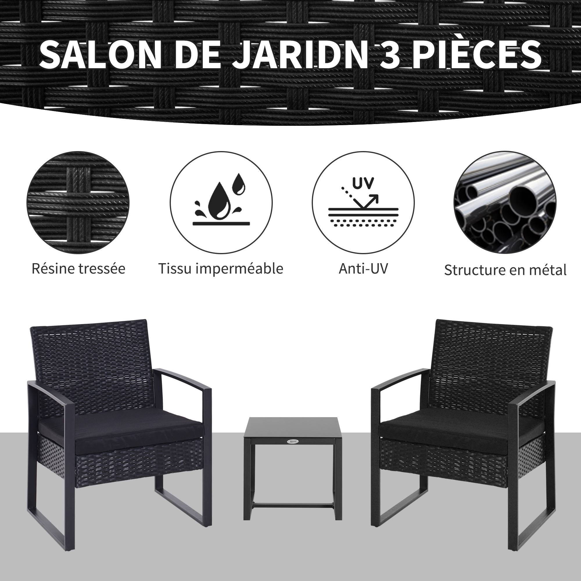 Outsunny - Salon de jardin 2 places 3 pièces 2 chaises avec coussins + table basse plateau verre trempé résine tressée 4 fils imitation rotin noir - Outsunny - Image 4