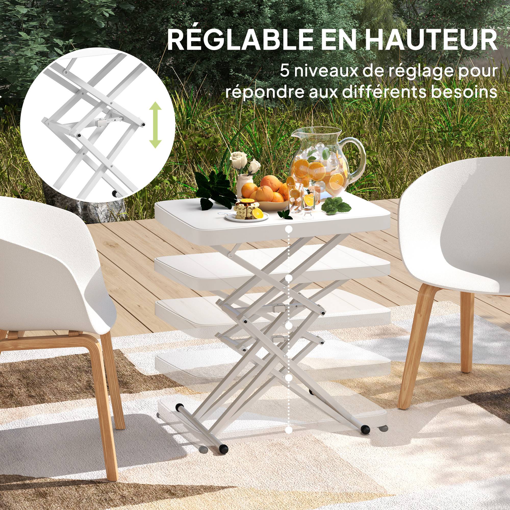 Outsunny - Table d'appoint de jardin pliable hauteur réglable sur 5 niveaux HDPE blanc - Image 8