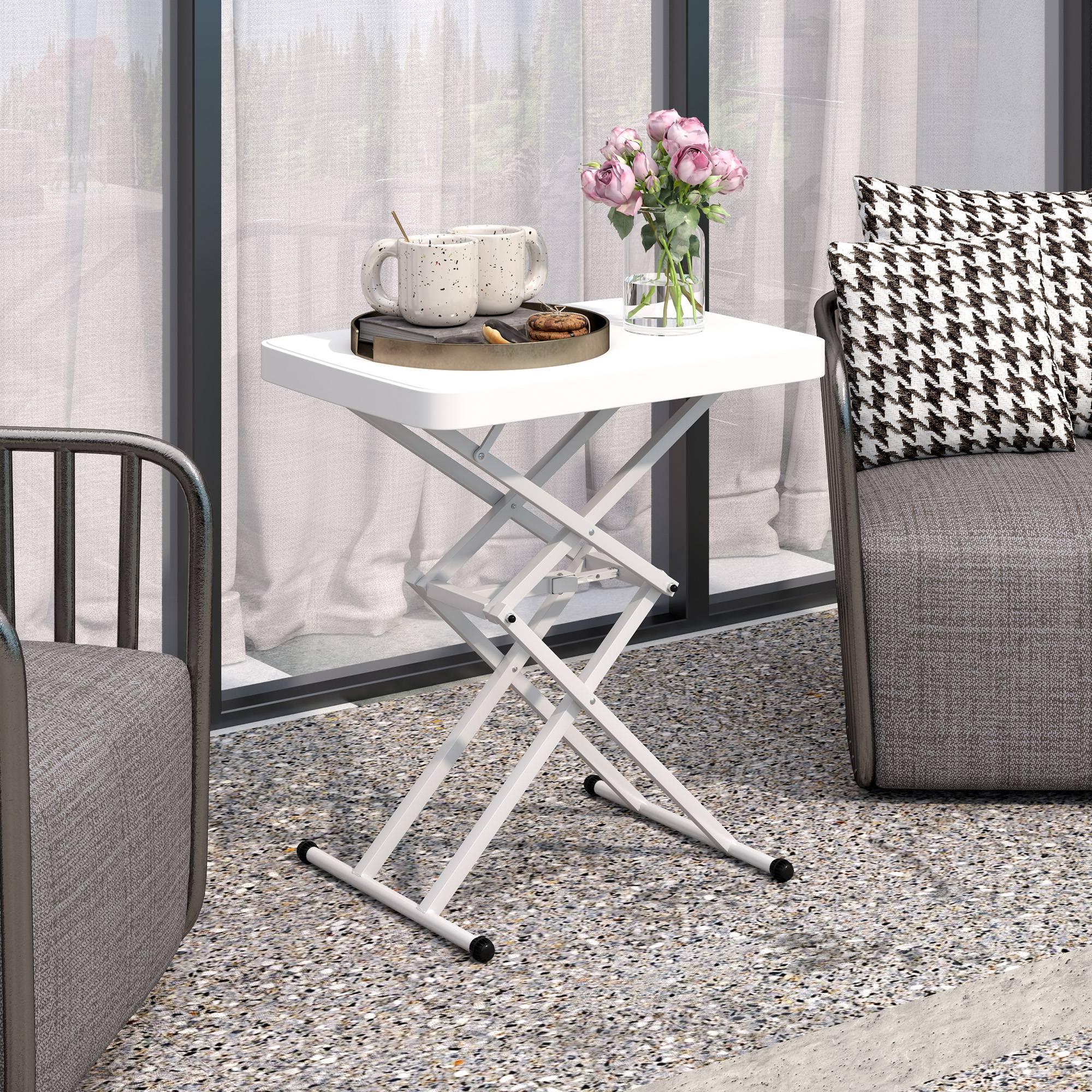 Outsunny - Table d'appoint de jardin pliable hauteur réglable sur 5 niveaux HDPE blanc - Image 6