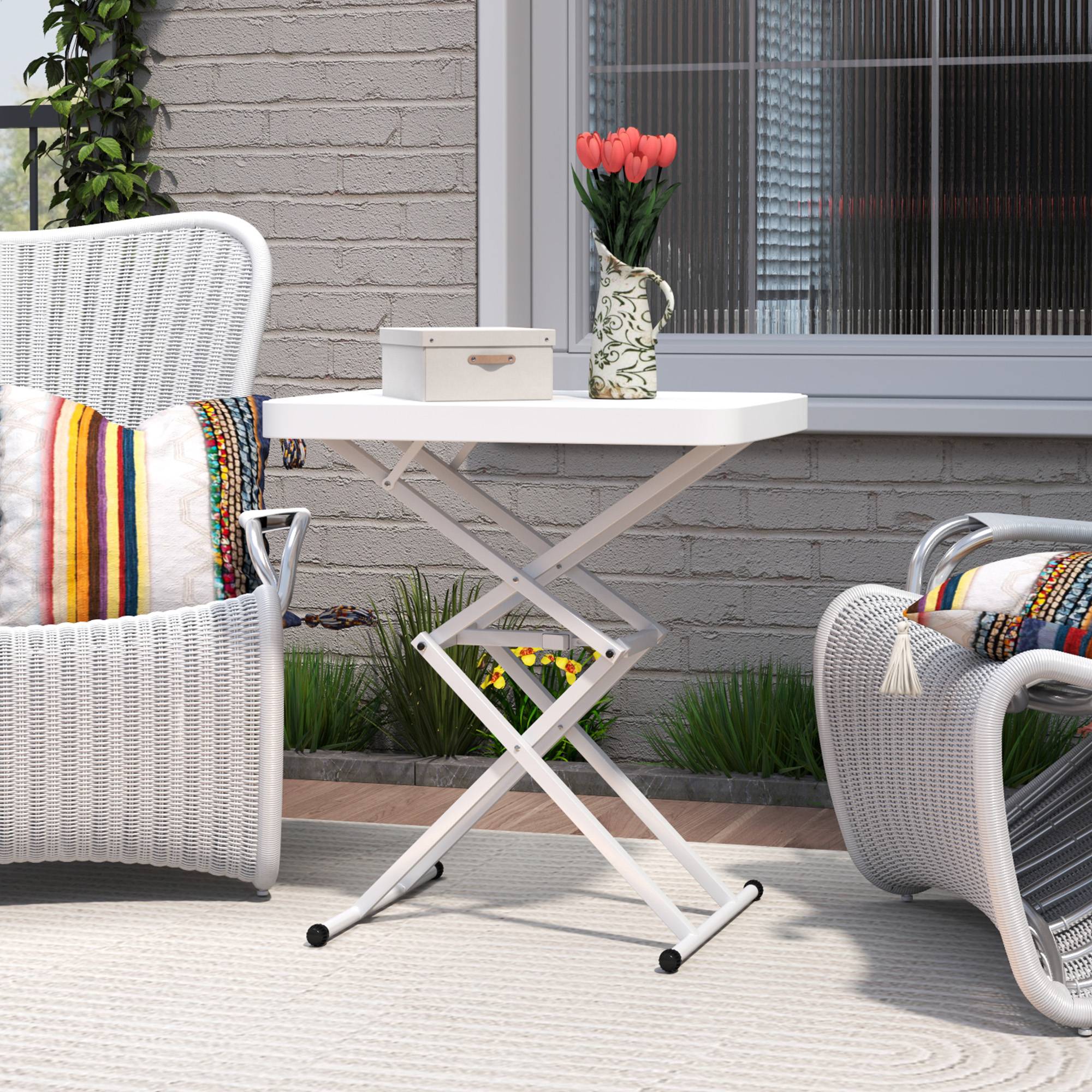 Outsunny - Table d'appoint de jardin pliable hauteur réglable sur 5 niveaux HDPE blanc - Image 4