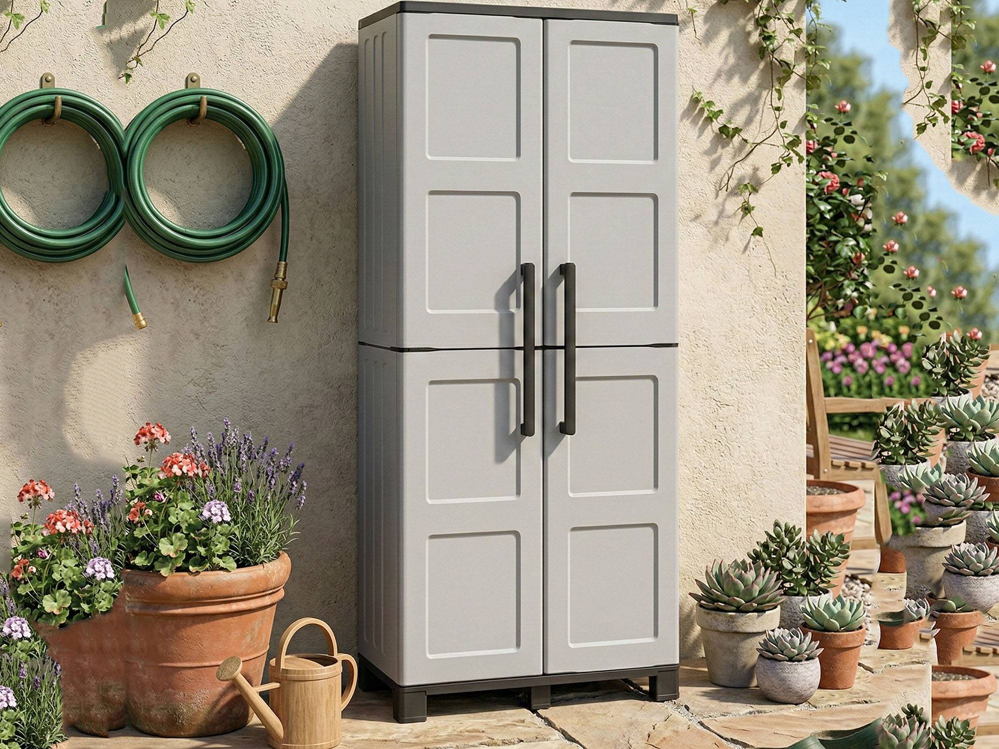 Dmora - Armoire d'extérieur Verviers, Armoire de balcon polyvalente à 2 portes, 100% Made in Italy, 68x37h169 cm, Gris clair et noir, Finition damier - Image 6