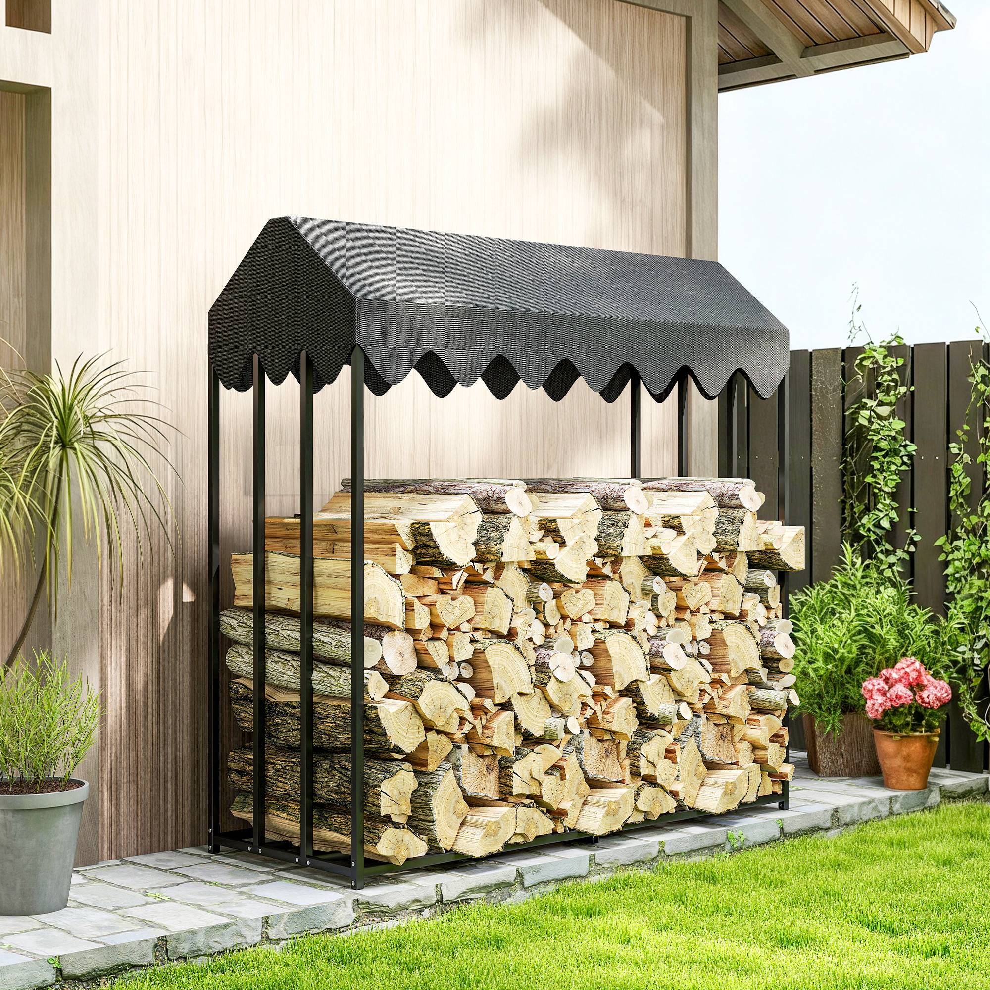 Range bûches extérieur, étagère à bûches avec housse de protection 600D Oxford capacité 1,9 m³, acier 186x70x185cm noir - Image 4