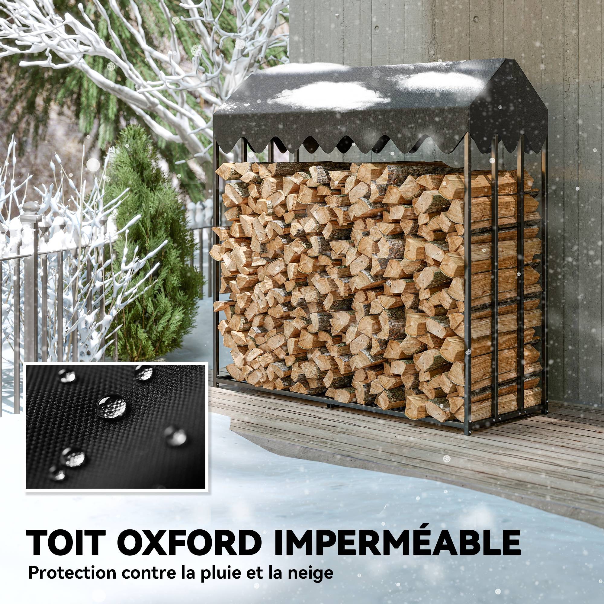 Range bûches extérieur, étagère à bûches avec housse de protection 600D Oxford capacité 1,9 m³, acier 186x70x185cm noir - Image 7