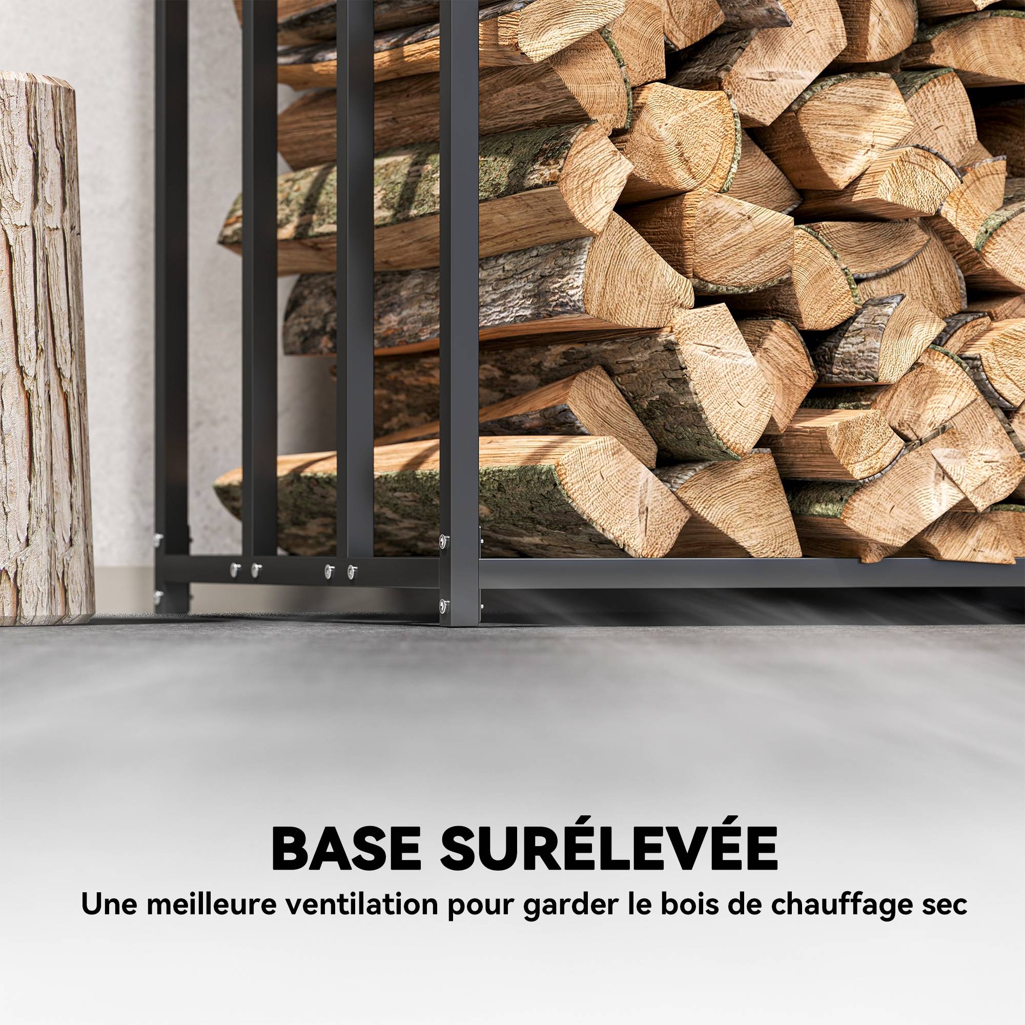 Range bûches extérieur, étagère à bûches avec housse de protection 600D Oxford capacité 1,9 m³, acier 186x70x185cm noir - Image 8