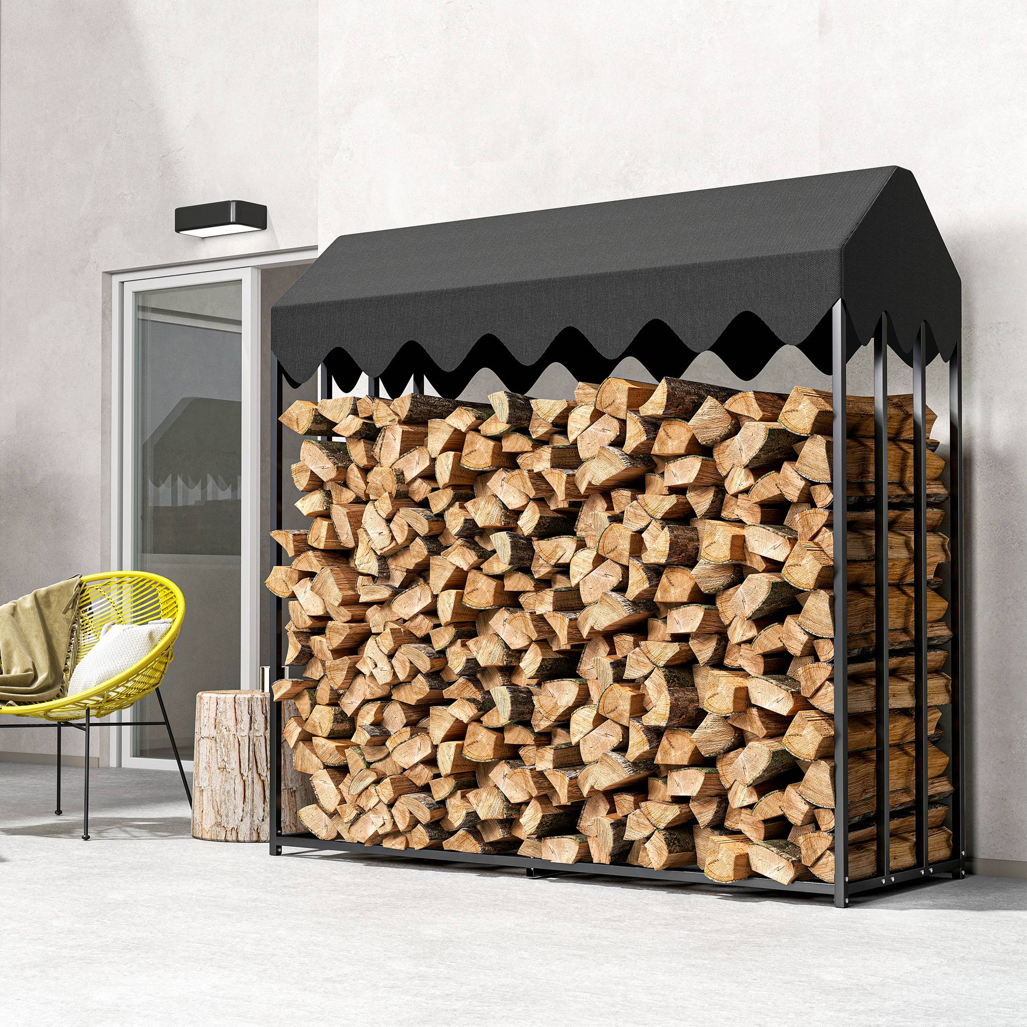 Range bûches extérieur, étagère à bûches avec housse de protection 600D Oxford capacité 1,9 m³, acier 186x70x185cm noir - Image 9