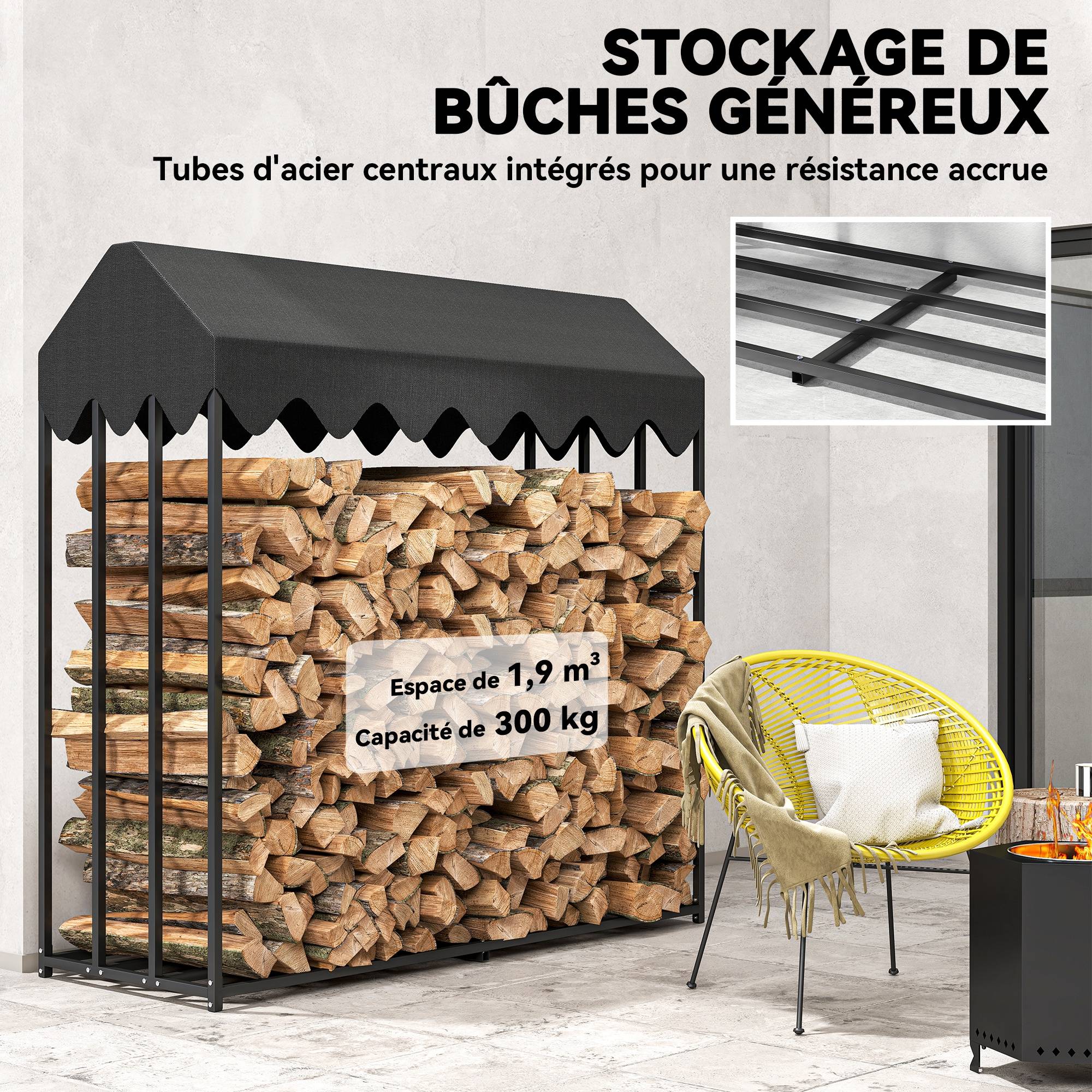 Range bûches extérieur, étagère à bûches avec housse de protection 600D Oxford capacité 1,9 m³, acier 186x70x185cm noir - Image 6