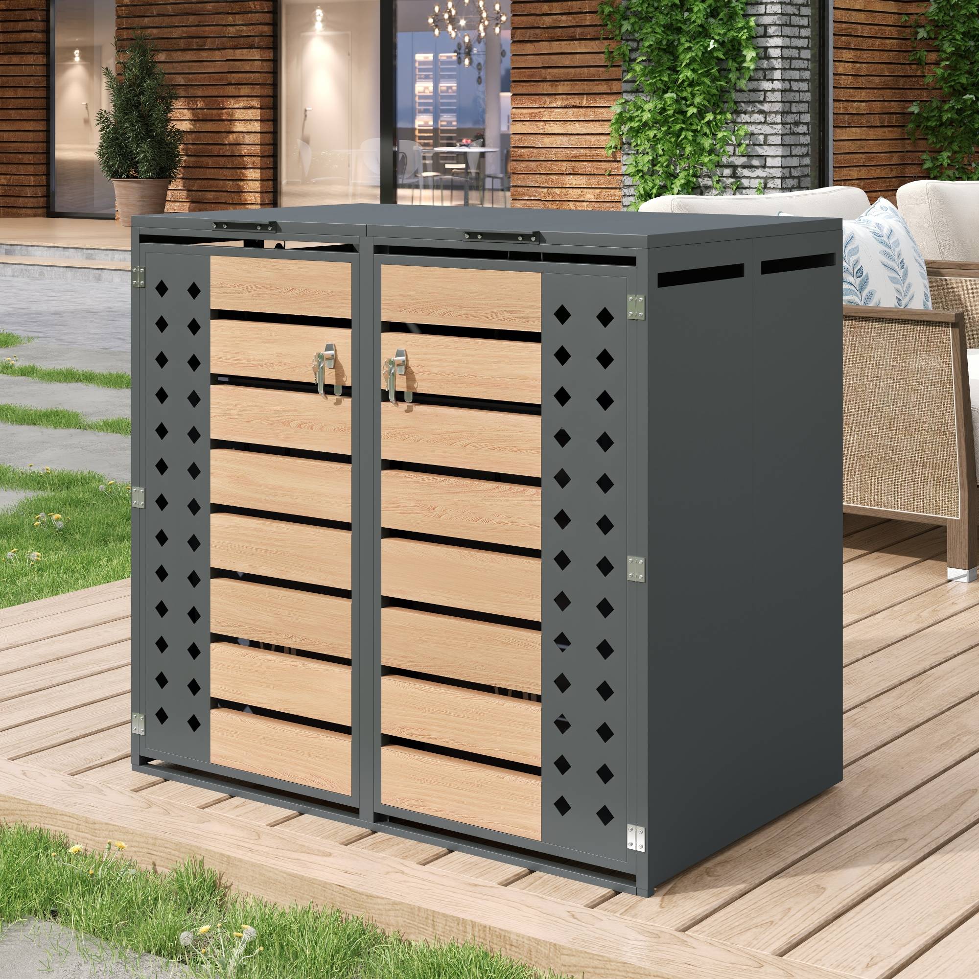 PANGIVO - Mülltonnenbox avec bois imitation gris, 132 x 80 x 118,5 cm - PANGIVO - Image 2