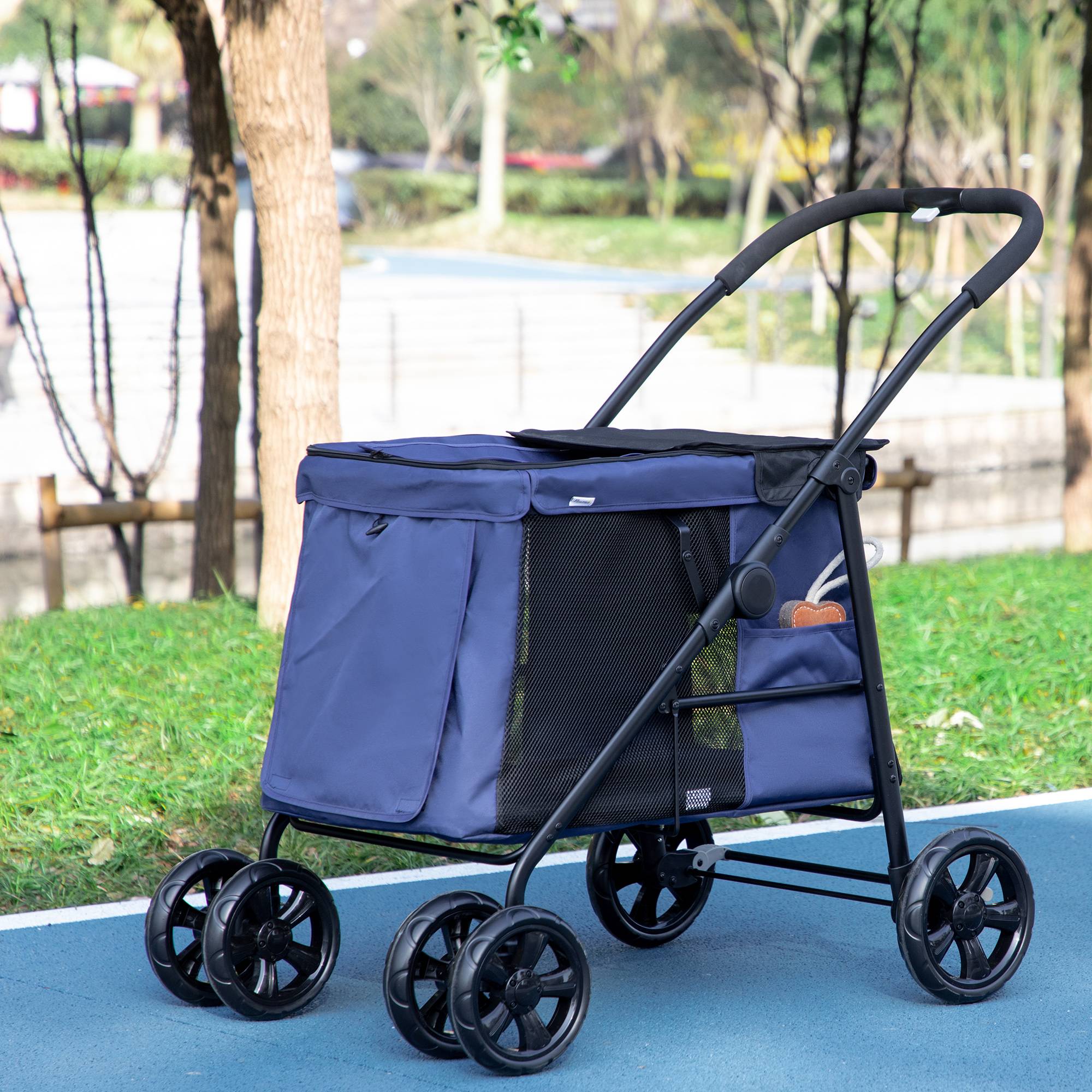Chariot chien coussin 3 poches latérales pliable 102 x 62 x 105 cm bleu - Image 4