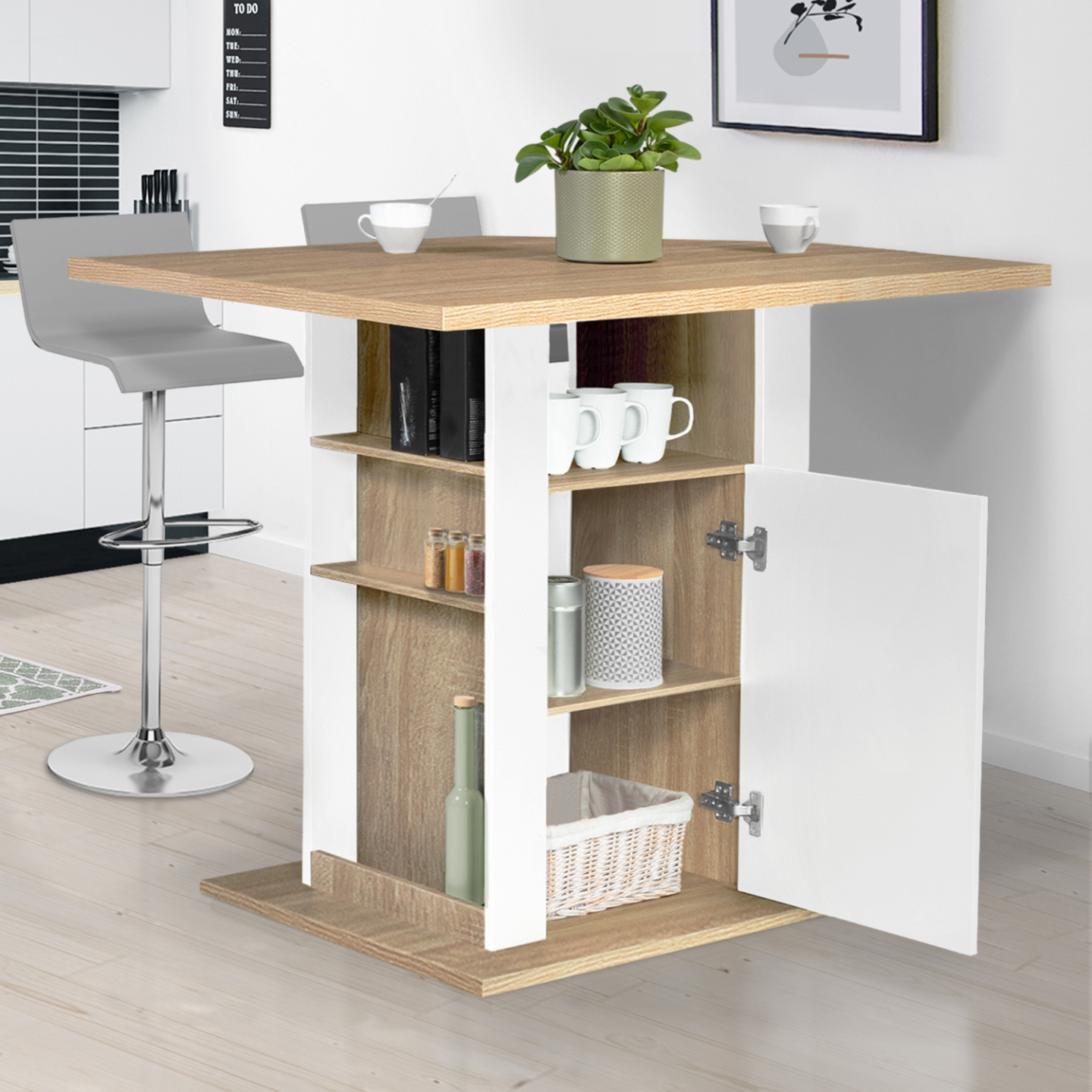 Ilot central UGO 110 cm bois blanc et imitation hêtre avec rangements - Image 3