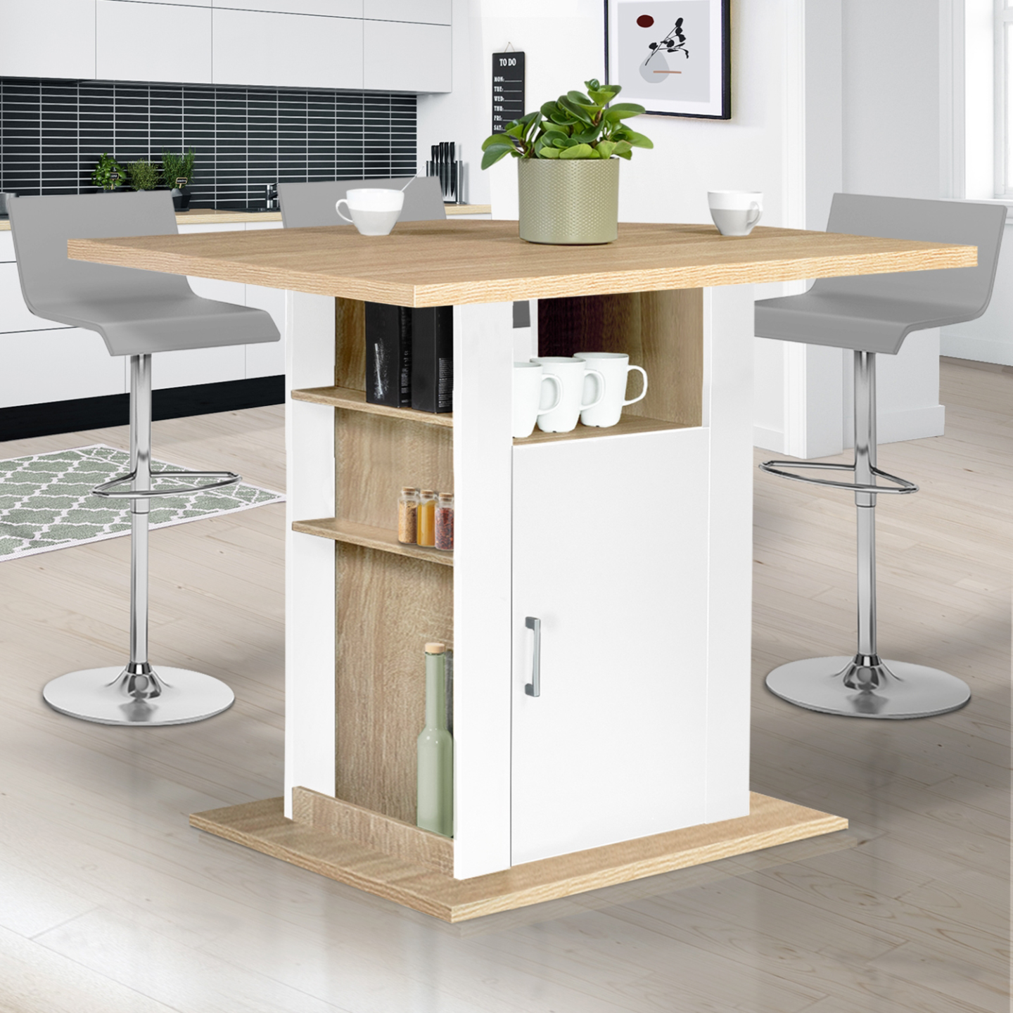 Ilot central UGO 110 cm bois blanc et imitation hêtre avec rangements - Image 1