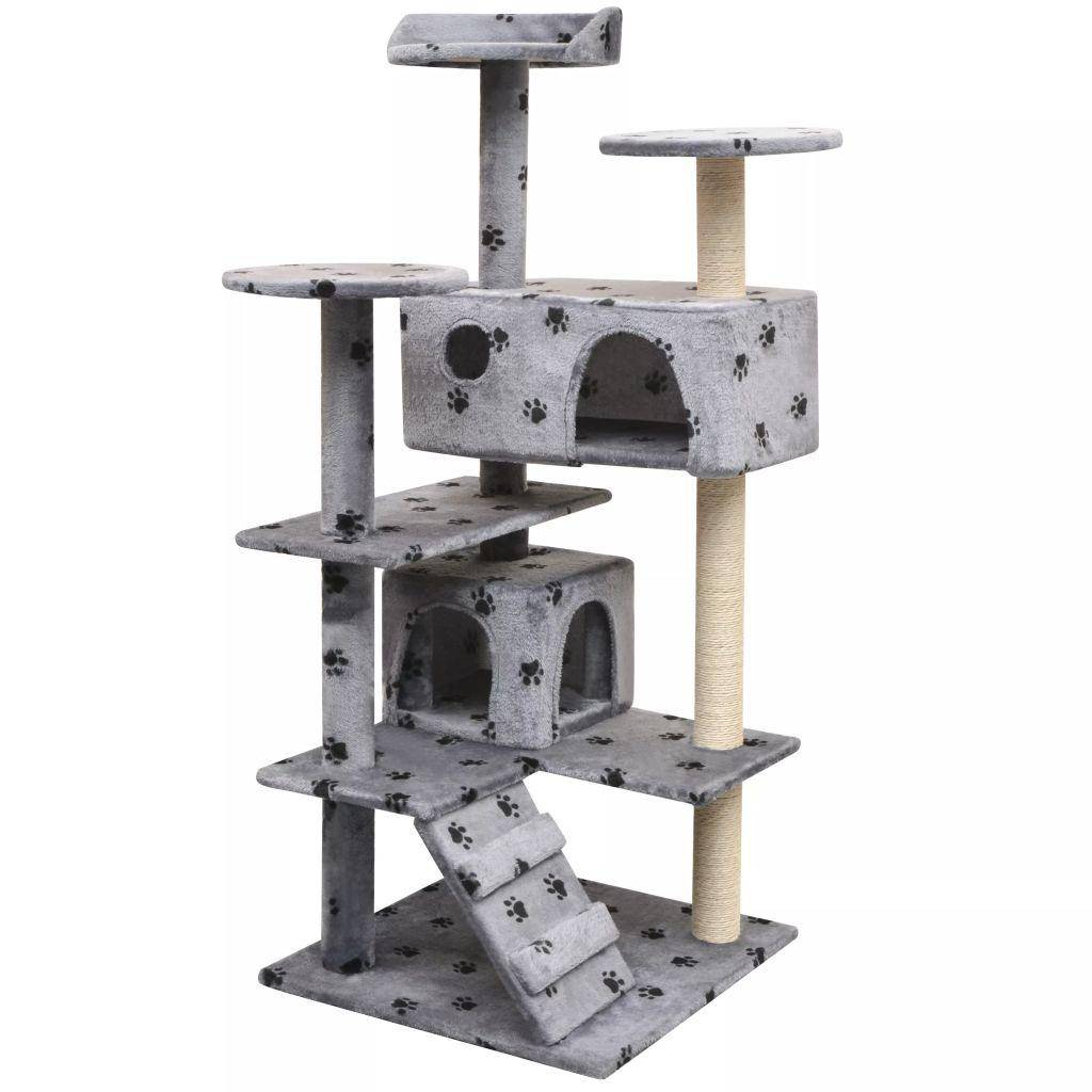 Helloshop26 - Arbre à chat griffoir grattoir niche jouet animaux peluché et sisal 125 cm empreintes de pattes gris - Image 1