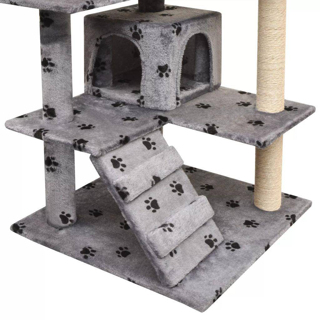 Helloshop26 - Arbre à chat griffoir grattoir niche jouet animaux peluché et sisal 125 cm empreintes de pattes gris - Image 3