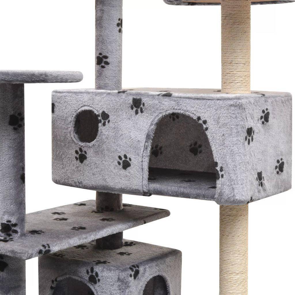 Helloshop26 - Arbre à chat griffoir grattoir niche jouet animaux peluché et sisal 125 cm empreintes de pattes gris - Image 4