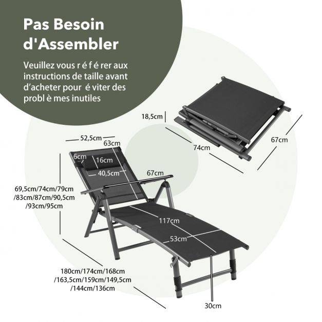 Helloshop26 - Chaise longue d'extérieur en aluminium avec 8 positions de dossier et 2 pieds réglables en tissu à séchage rapide gris - Image 5