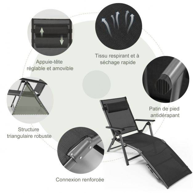 Helloshop26 - Chaise longue d'extérieur en aluminium avec 8 positions de dossier et 2 pieds réglables en tissu à séchage rapide gris - Image 3