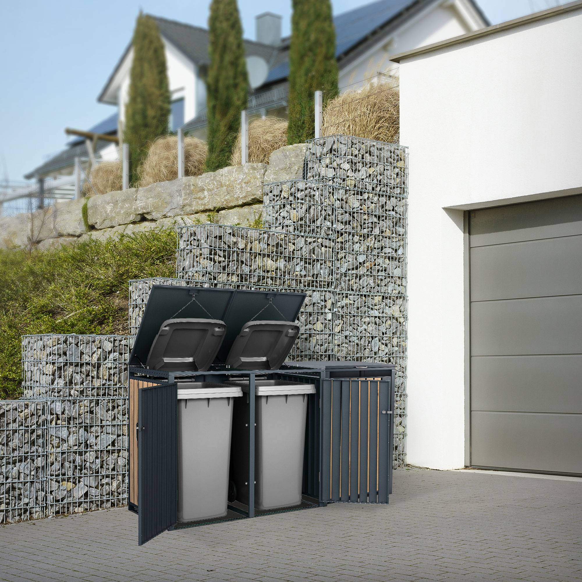 Abri pour 3 poubelles 200x80x116,3 cm capacité de 60L à 240L anthracite/aspect chêne acier couvercle rabattable/3 portes résistant aux intempéries - Image 10