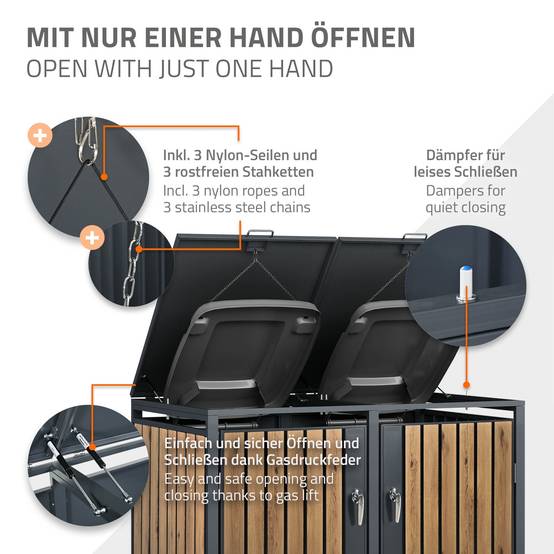 Abri pour 3 poubelles 200x80x116,3 cm capacité de 60L à 240L anthracite/aspect chêne acier couvercle rabattable/3 portes résistant aux intempéries - Image 5