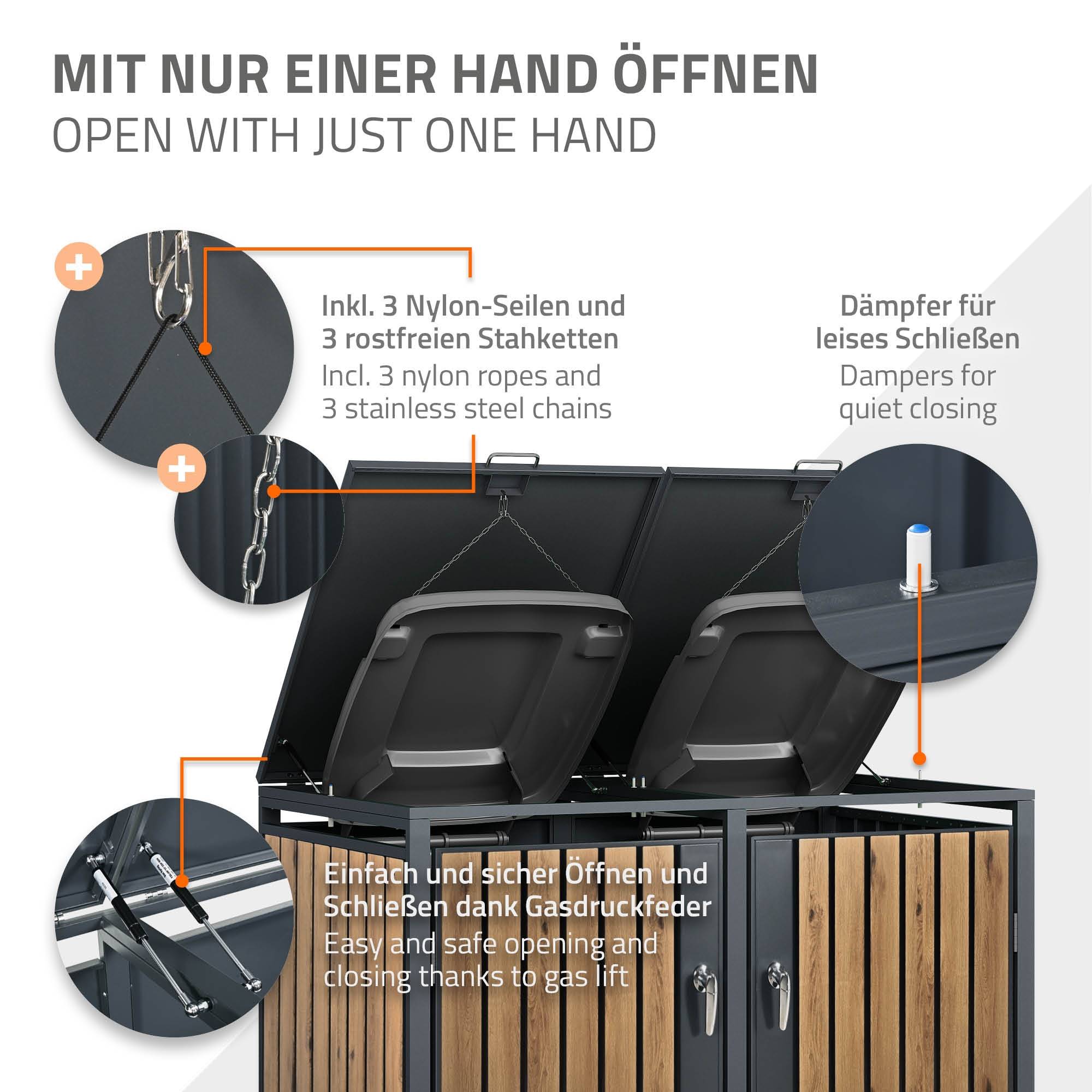 Abri pour 3 poubelles 200x80x116,3 cm capacité de 60L à 240L anthracite/aspect chêne acier couvercle rabattable/3 portes résistant aux intempéries - Image 5
