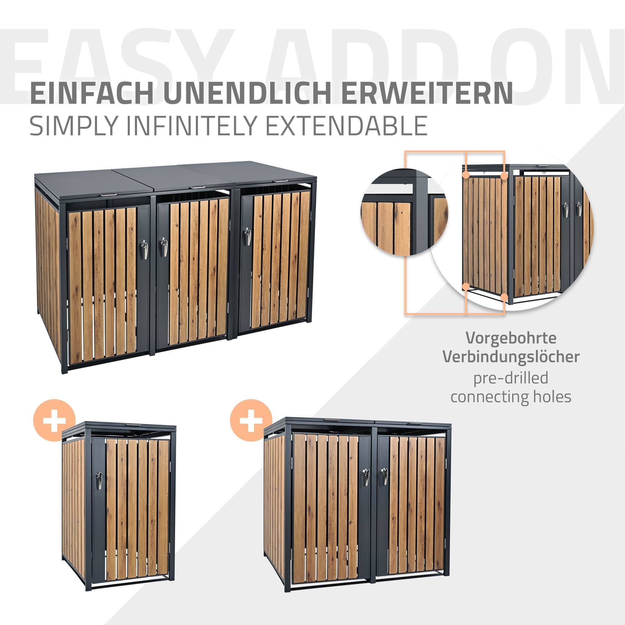 Abri pour 3 poubelles 200x80x116,3 cm capacité de 60L à 240L anthracite/aspect chêne acier couvercle rabattable/3 portes résistant aux intempéries - Image 7