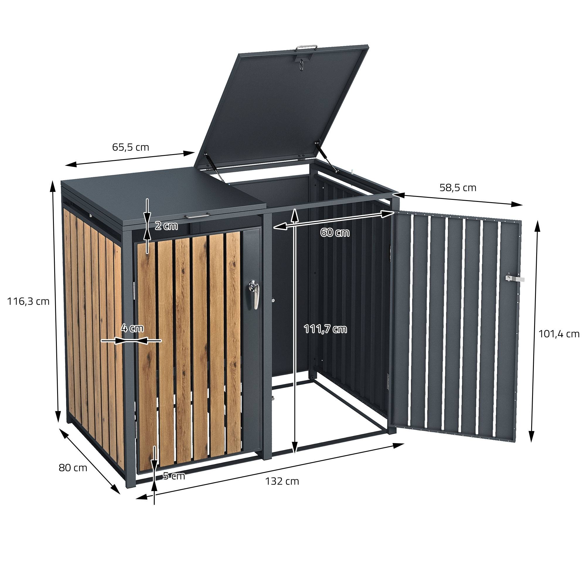 Abri pour 3 poubelles 200x80x116,3 cm capacité de 60L à 240L anthracite/aspect chêne acier couvercle rabattable/3 portes résistant aux intempéries - Image 9