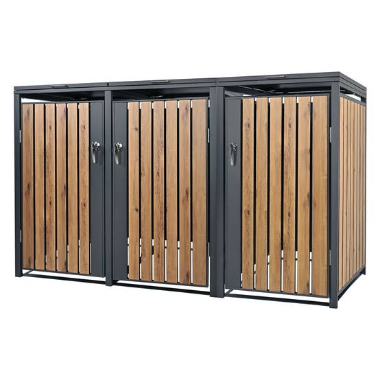 Abri pour 3 poubelles 200x80x116,3 cm capacité de 60L à 240L anthracite/aspect chêne acier couvercle rabattable/3 portes résistant aux intempéries - Image 1