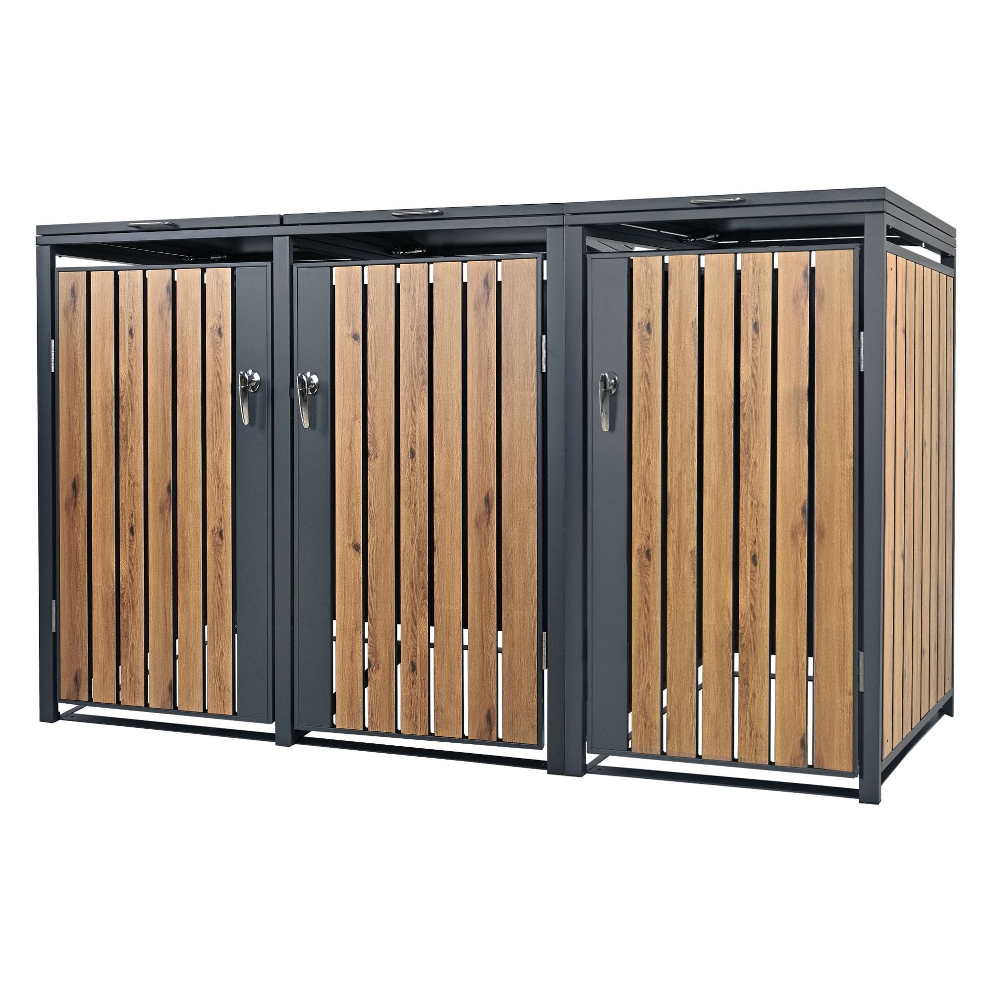 Abri pour 3 poubelles 200x80x116,3 cm capacité de 60L à 240L anthracite/aspect chêne acier couvercle rabattable/3 portes résistant aux intempéries - Image 1