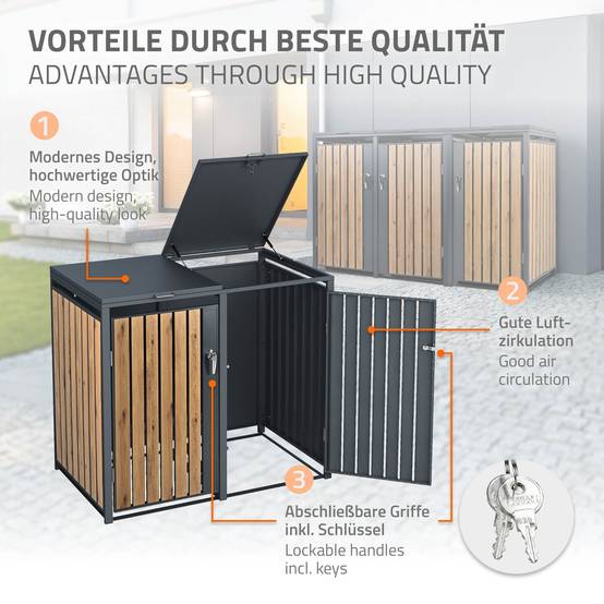 Abri pour 3 poubelles 200x80x116,3 cm capacité de 60L à 240L anthracite/aspect chêne acier couvercle rabattable/3 portes résistant aux intempéries - Image 4