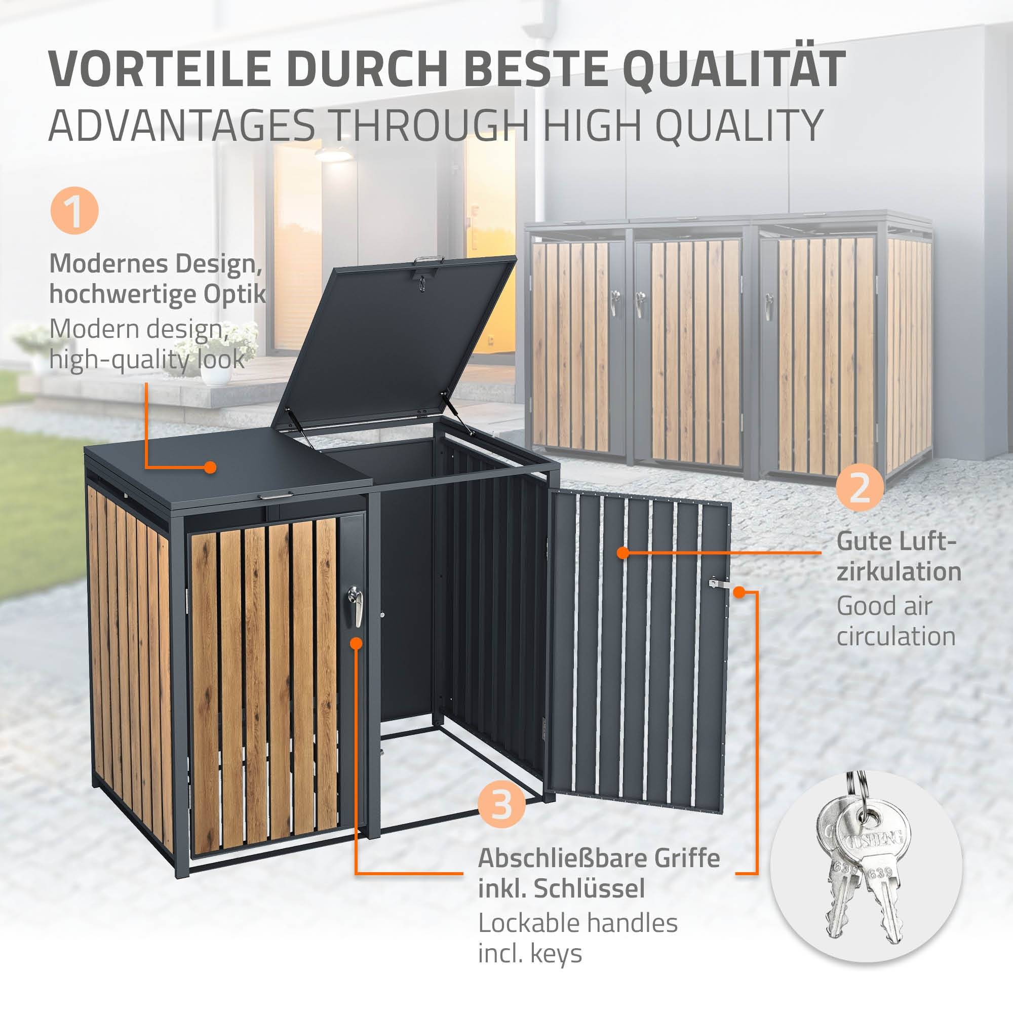 Abri pour 3 poubelles 200x80x116,3 cm capacité de 60L à 240L anthracite/aspect chêne acier couvercle rabattable/3 portes résistant aux intempéries - Image 4