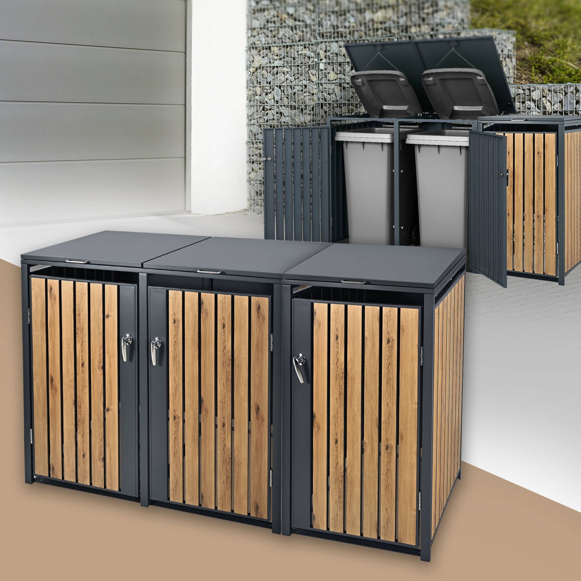 Abri pour 3 poubelles 200x80x116,3 cm capacité de 60L à 240L anthracite/aspect chêne acier couvercle rabattable/3 portes résistant aux intempéries - Image 2