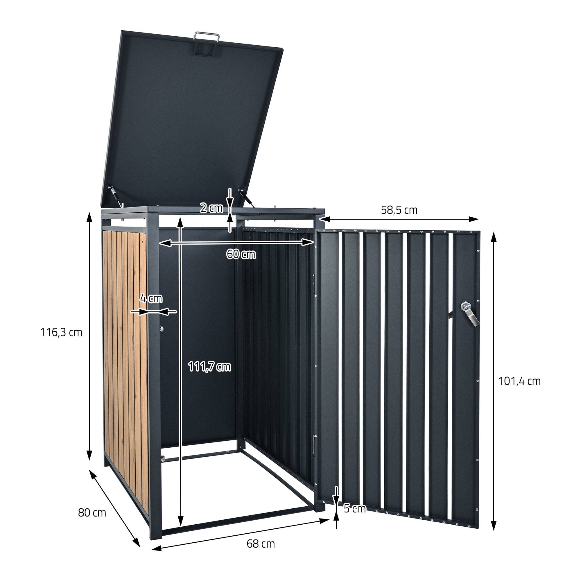 Abri pour 3 poubelles 200x80x116,3 cm capacité de 60L à 240L anthracite/aspect chêne acier couvercle rabattable/3 portes résistant aux intempéries - Image 8