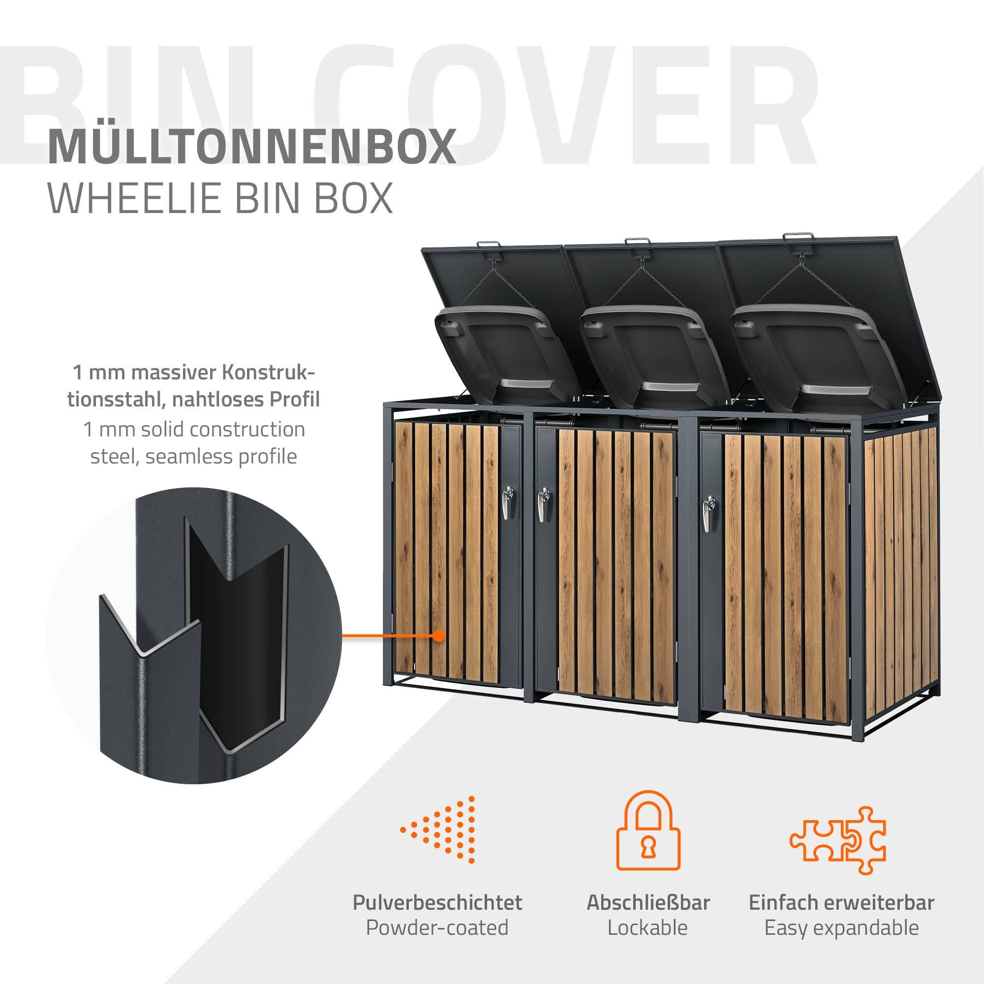 Abri pour 3 poubelles 200x80x116,3 cm capacité de 60L à 240L anthracite/aspect chêne acier couvercle rabattable/3 portes résistant aux intempéries - Image 3