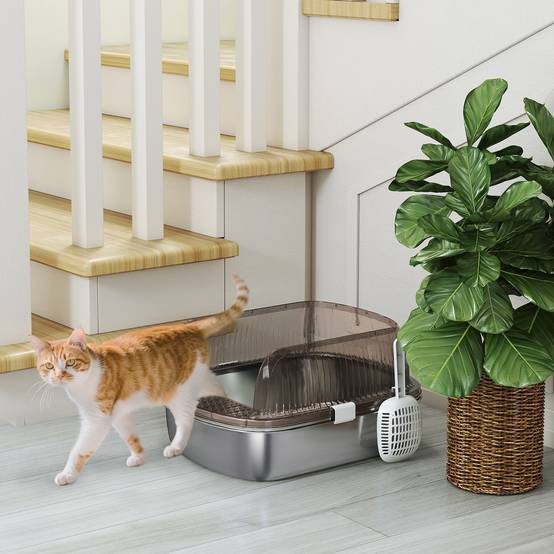 Bac à litière couvert pour chat avec plateau en acier inoxydable, bords hauts, pelle et zone de dépôt des déchets, gris - Image 9