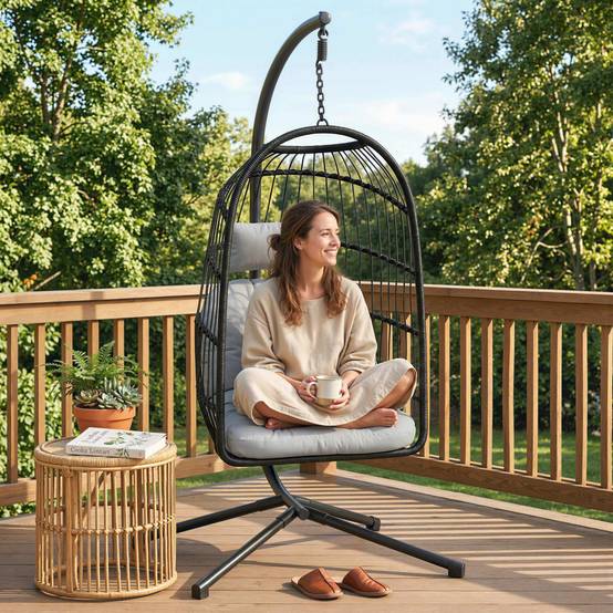 Fauteuil œuf suspendu pliable résine tressée jardin balcon coussin gris clair - ComfortXL Outdoor Living - Image 10