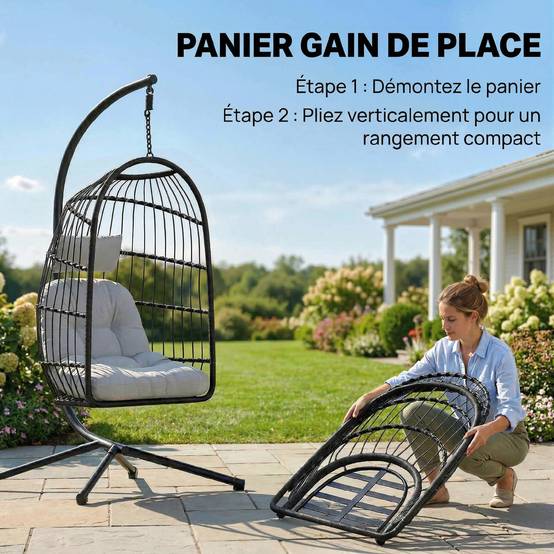 Fauteuil œuf suspendu pliable résine tressée jardin balcon coussin gris clair - ComfortXL Outdoor Living - Image 7