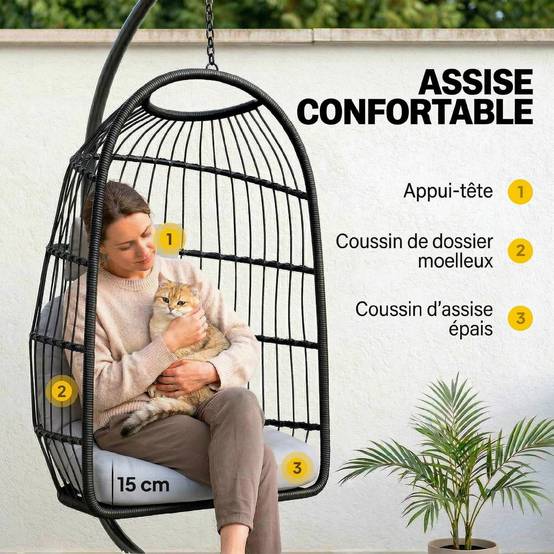 Fauteuil œuf suspendu pliable résine tressée jardin balcon coussin gris clair - ComfortXL Outdoor Living - Image 8