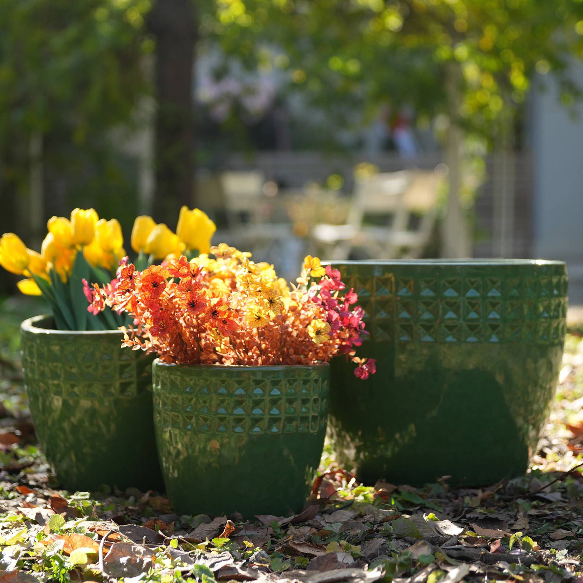 PANGIVO - Ensemble de 3 pots de fleurs en céramique avec motif losange vert, Ø 38,1/30,5/22,9 cm - PANGIVO