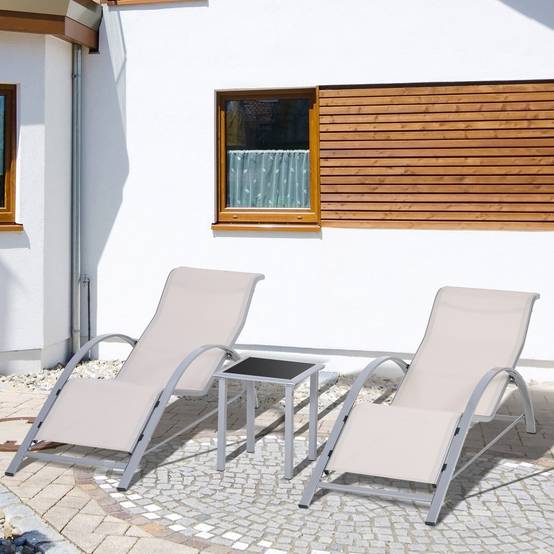 Lot de 2 Chaises Longues de Jardin avec Table d’Appoint en Verre Trempé, Dossier et Accoudoirs, Patio/Piscine/Terrasse, Beige - Image 2