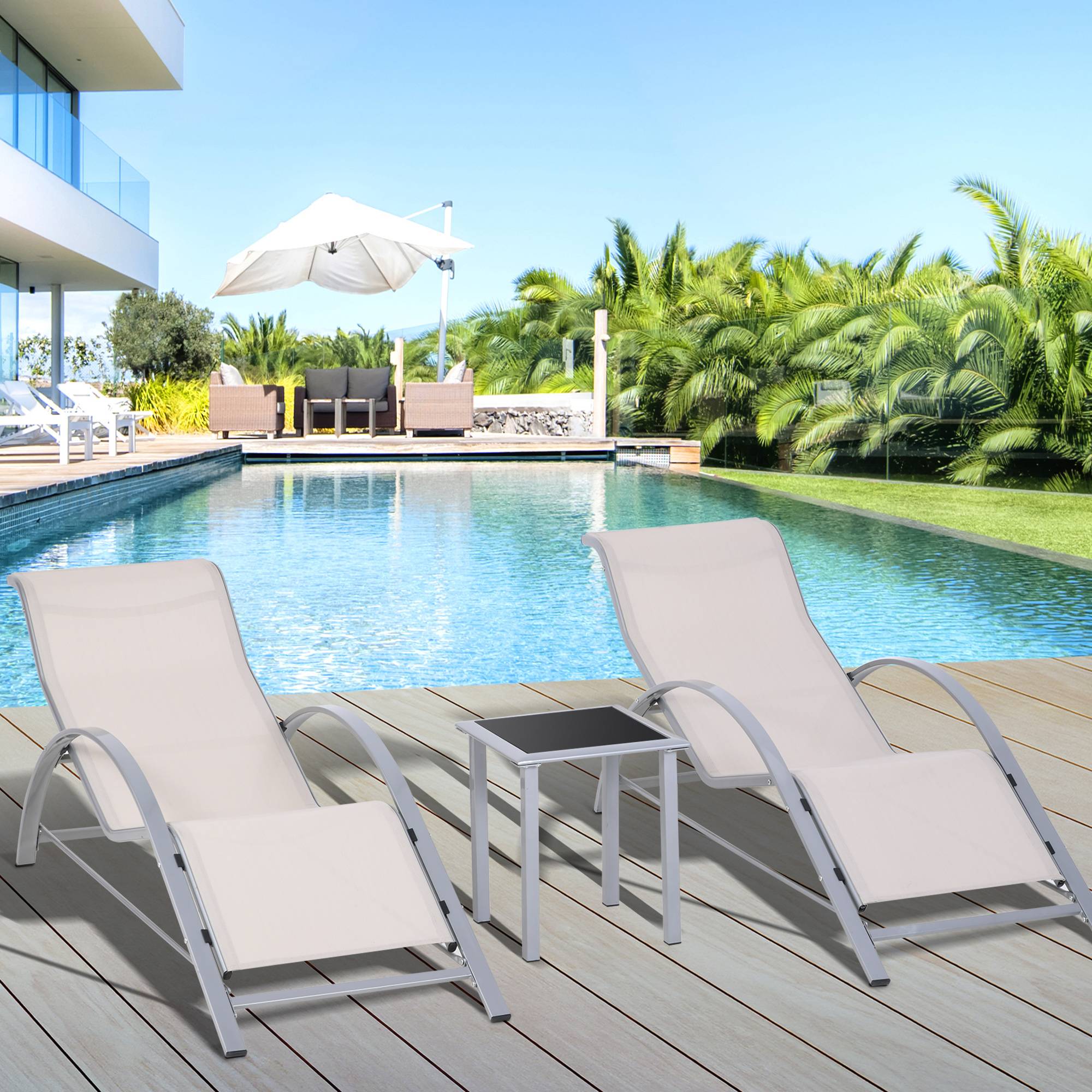 Lot de 2 Chaises Longues de Jardin avec Table d’Appoint en Verre Trempé, Dossier et Accoudoirs, Patio/Piscine/Terrasse, Beige - Image 3