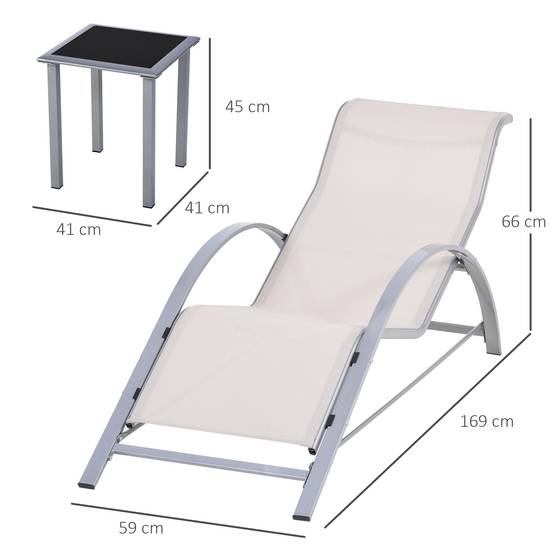 Lot de 2 Chaises Longues de Jardin avec Table d’Appoint en Verre Trempé, Dossier et Accoudoirs, Patio/Piscine/Terrasse, Beige - Image 4