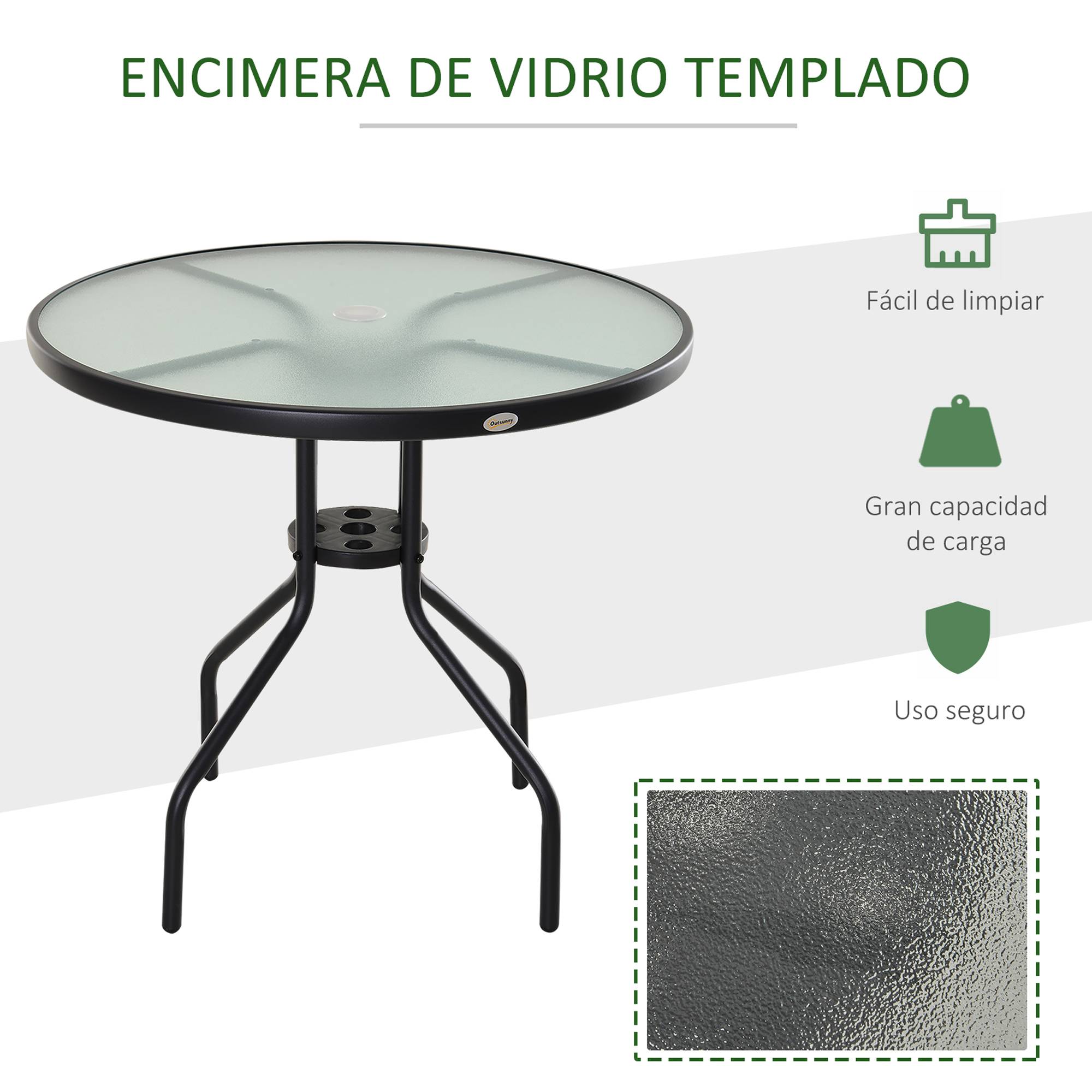 Table de Jardin Ronde Ø80 x 72 cm en Verre Trempé, Structure Métal, Trou Parasol, Patio/Terrasse/Balcon, Noire - Image 7