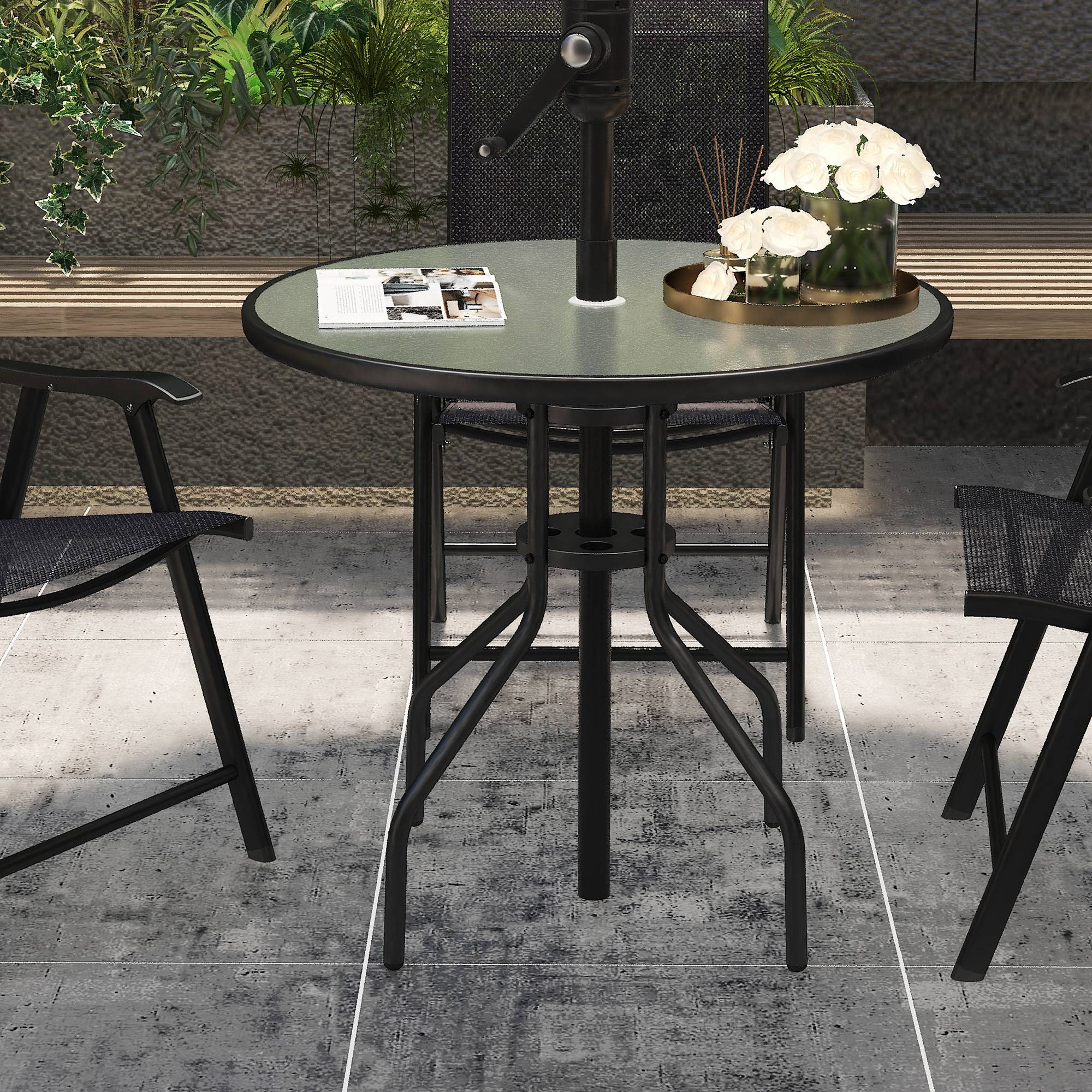 Table de Jardin Ronde Ø80 x 72 cm en Verre Trempé, Structure Métal, Trou Parasol, Patio/Terrasse/Balcon, Noire - Image 3