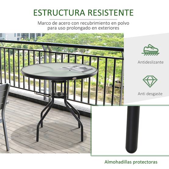 Table de Jardin Ronde Ø80 x 72 cm en Verre Trempé, Structure Métal, Trou Parasol, Patio/Terrasse/Balcon, Noire - Image 8