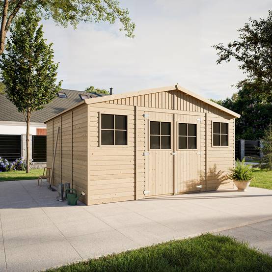 Timbela - Abri de Jardin en Bois Naturel H246x418x420 cm / 16 m² - Stockage extérieur avec fenêtres - 17 mm d’épaisseur - Timbela M330 - Image 1