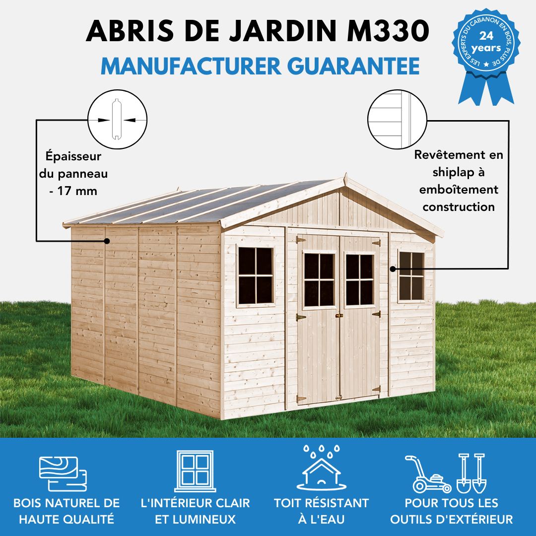 Timbela - Abri de Jardin en Bois Naturel H246x418x420 cm / 16 m² - Stockage extérieur avec fenêtres - 17 mm d’épaisseur - Timbela M330 - Image 8