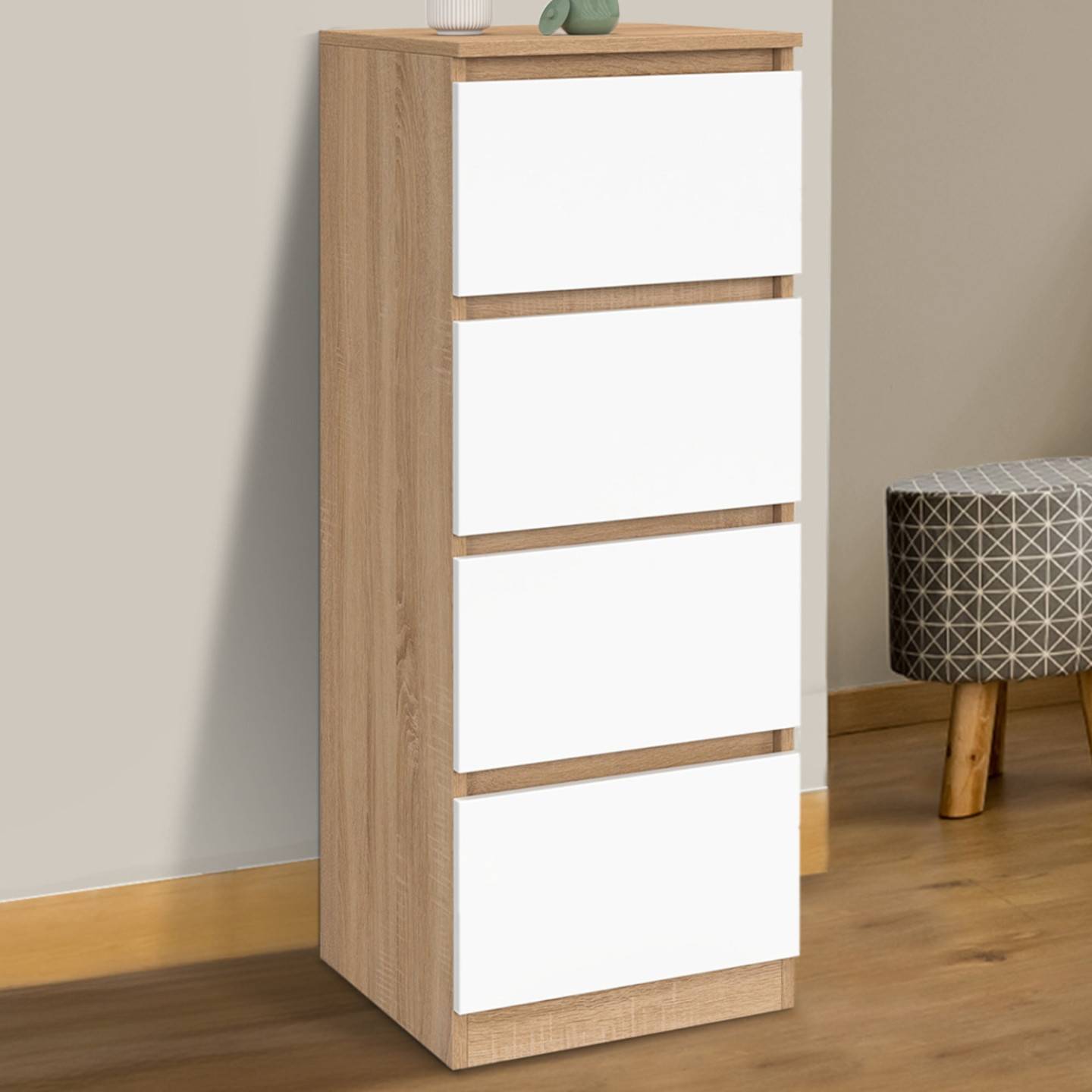 IDMARKET - Meuble d'appoint 4 tiroirs TOMI 30x30x80 cm chiffonnier pour entrée salle de bain bois façon hêtre et blanc - Image 1
