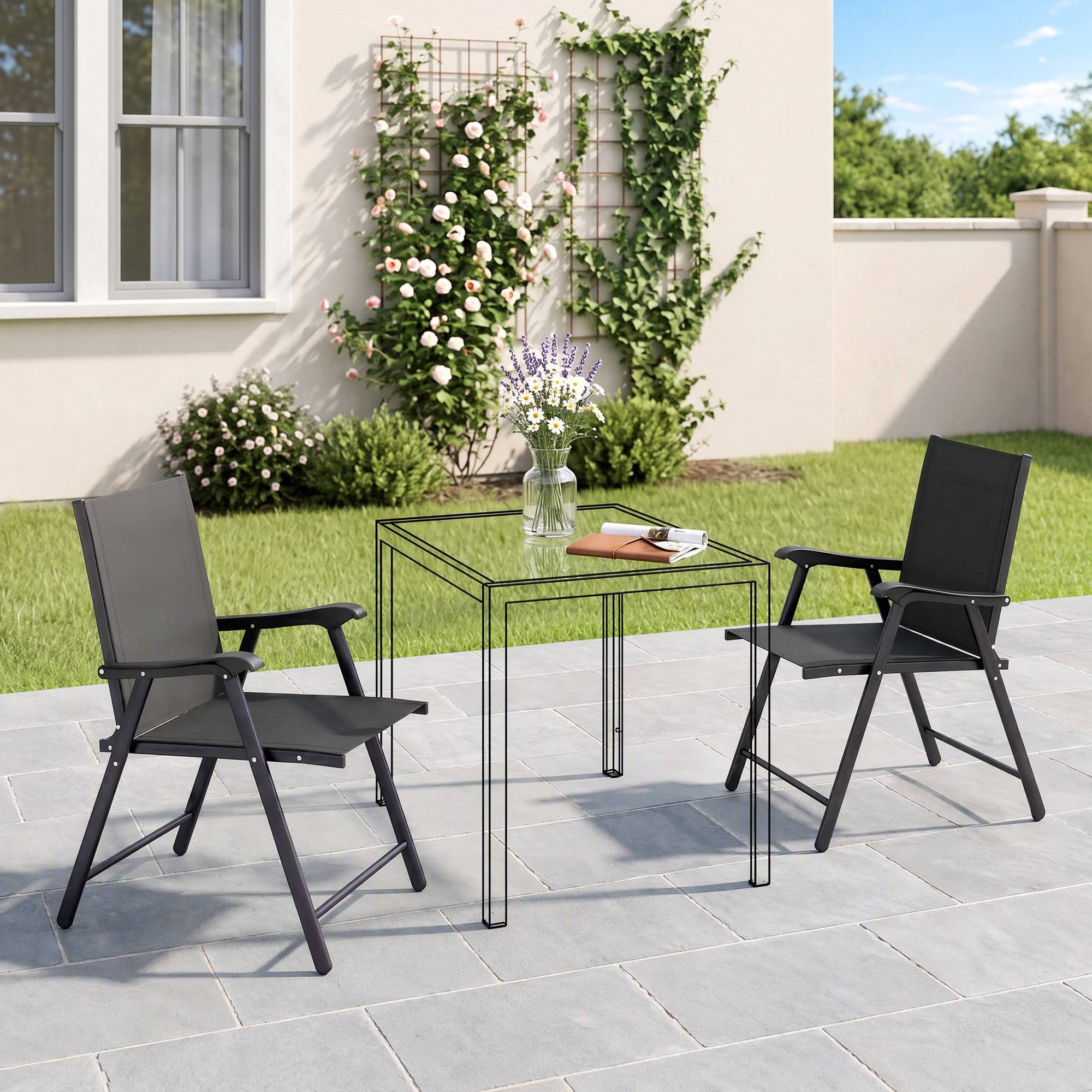 ComfortXL - Lot de 2 chaises pliantes jardin acier textilène noir 58 x 62 x 97 cm dossier haut pour terrasse sans montage - Image 1