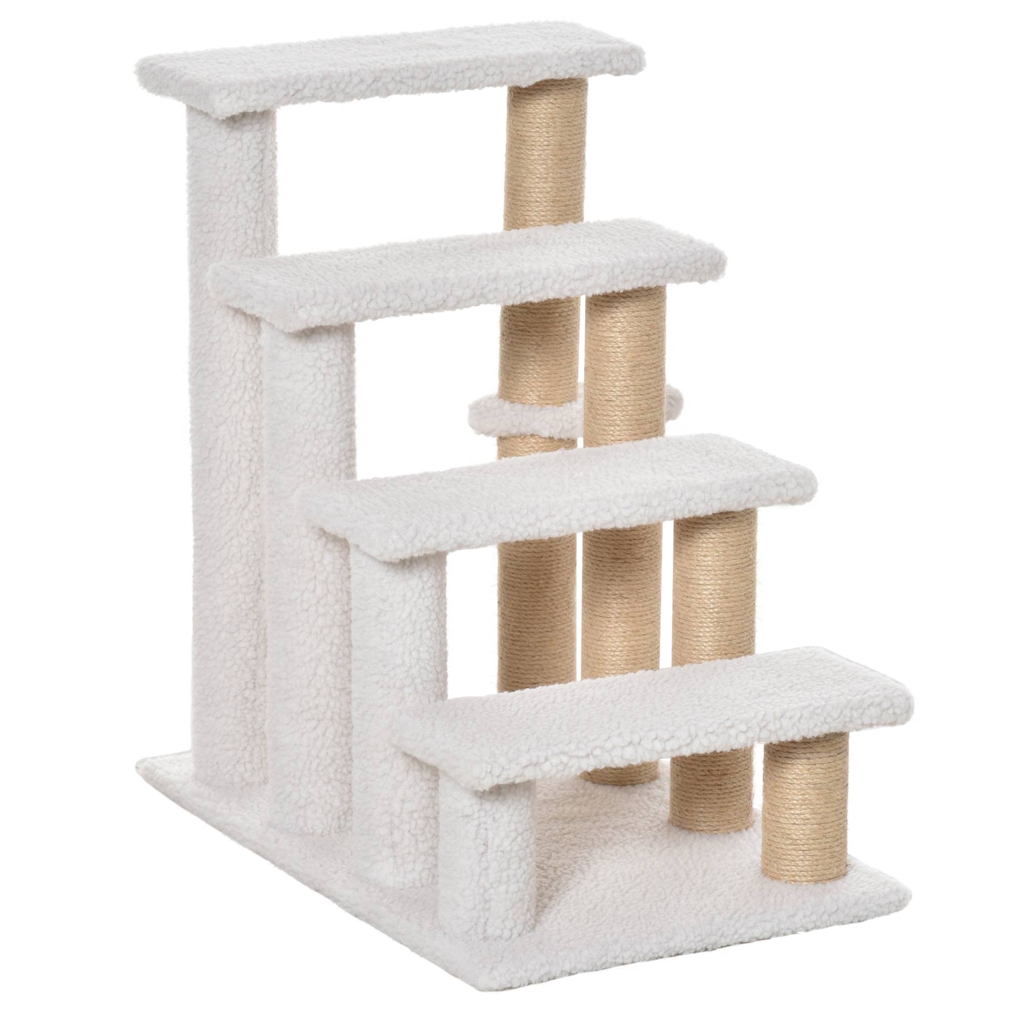Escalier chat 4 marches, griffoirs, balle, escalier chien, peluche jute, 60x40x64cm, blanc - Image 2