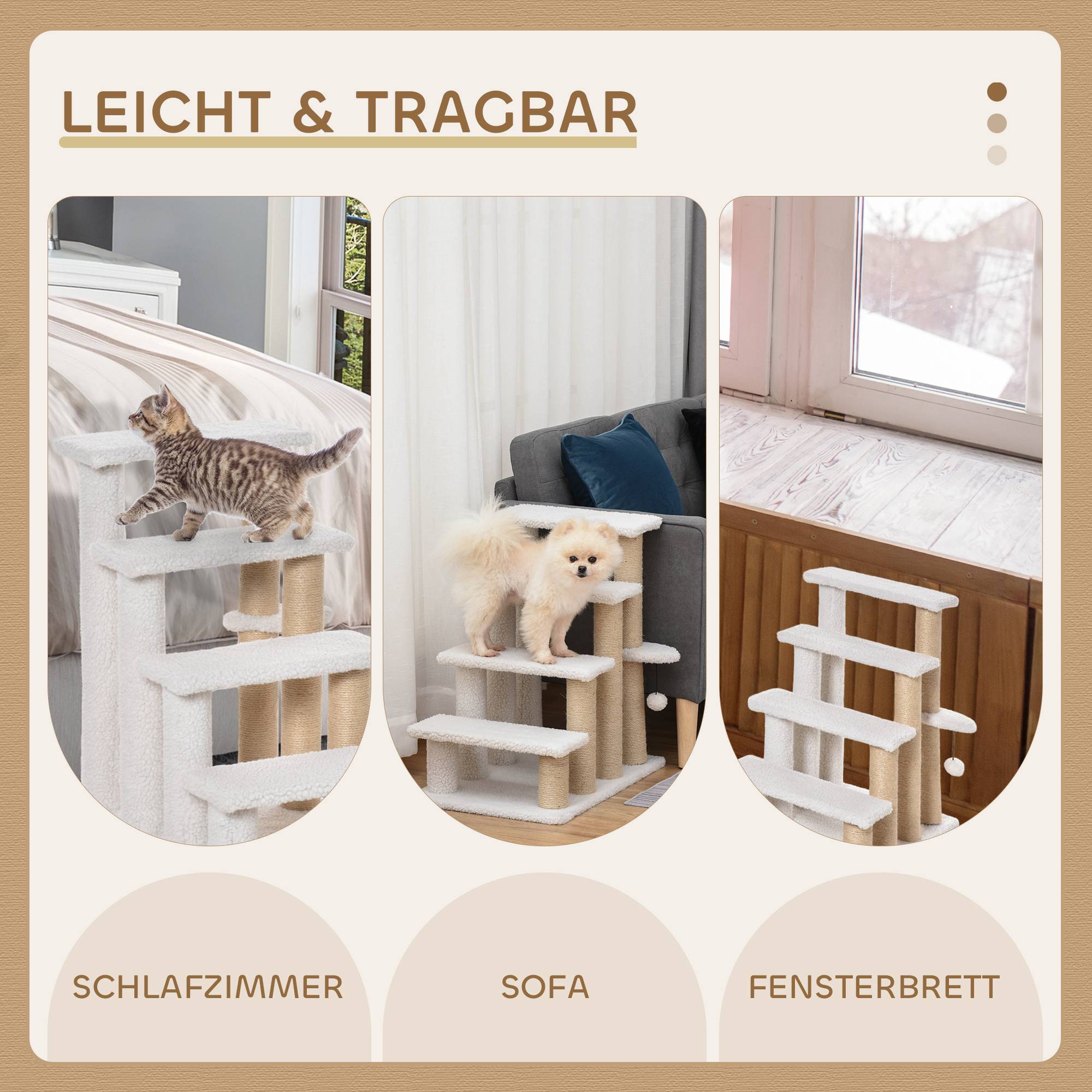 Escalier chat 4 marches, griffoirs, balle, escalier chien, peluche jute, 60x40x64cm, blanc - Image 9