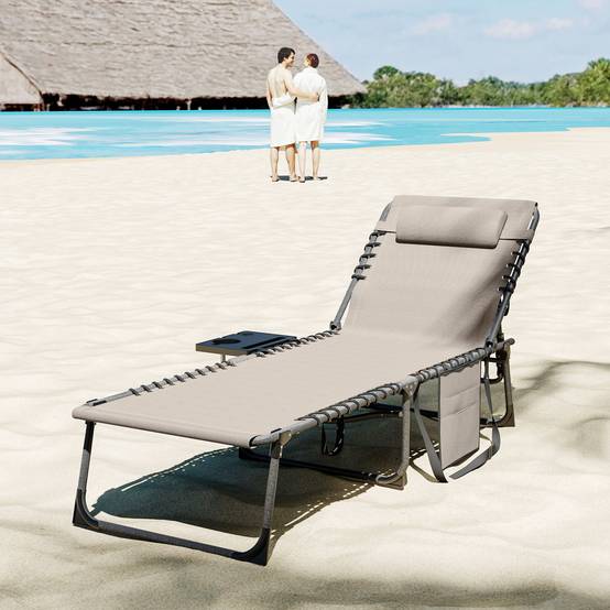 Transat pliant avec dossier réglable, appui-tête, poche latérale, tablette et structure en acier, 190 x 60 x 31 cm, crème - Image 10